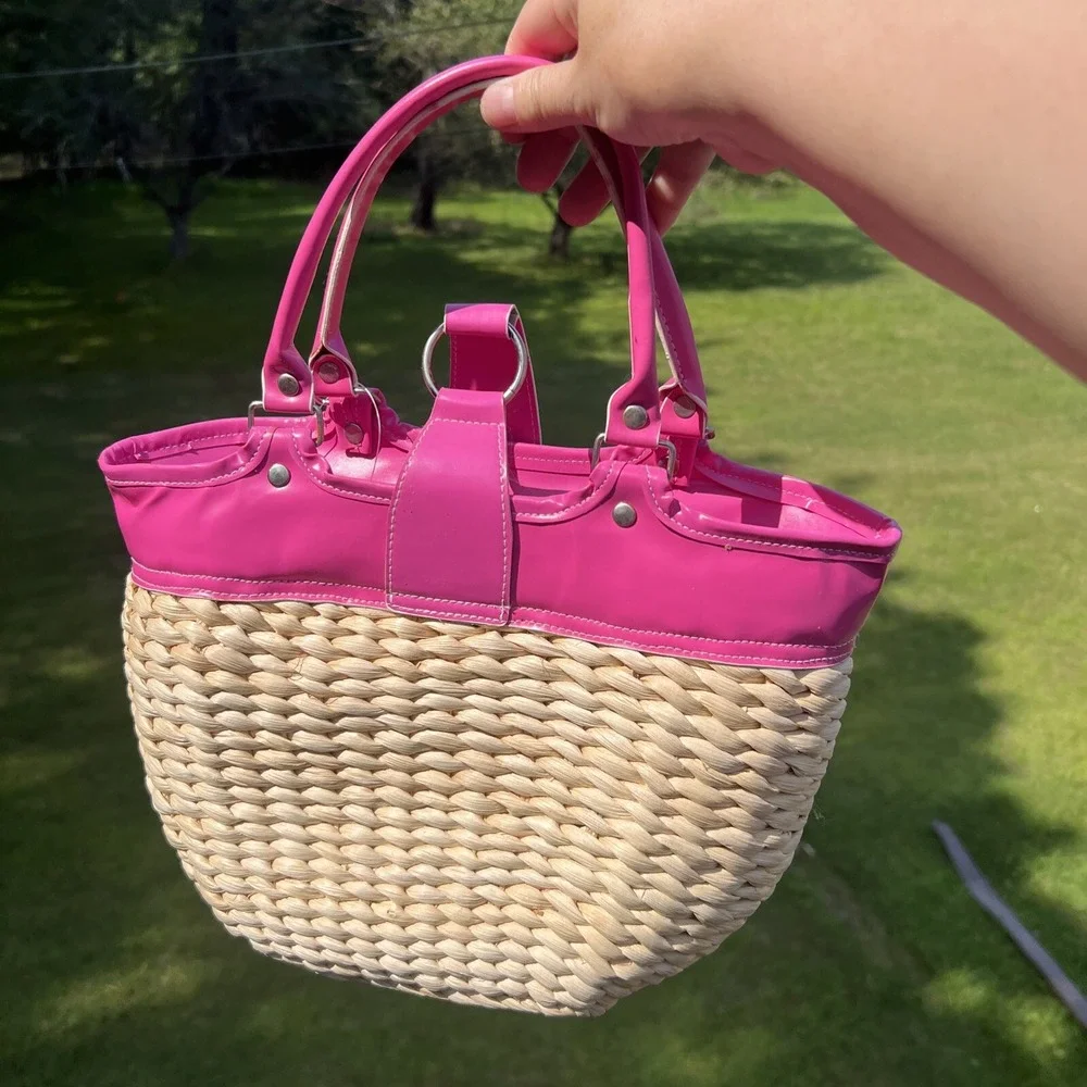 Pink Straw Satchel Bag Purse Tote Basket Bucket Retro Flower Lining Snap Flap